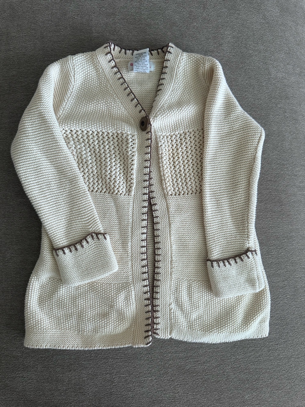 Kids Cream Knit Zip-Front Sweater with Contrast Stitching